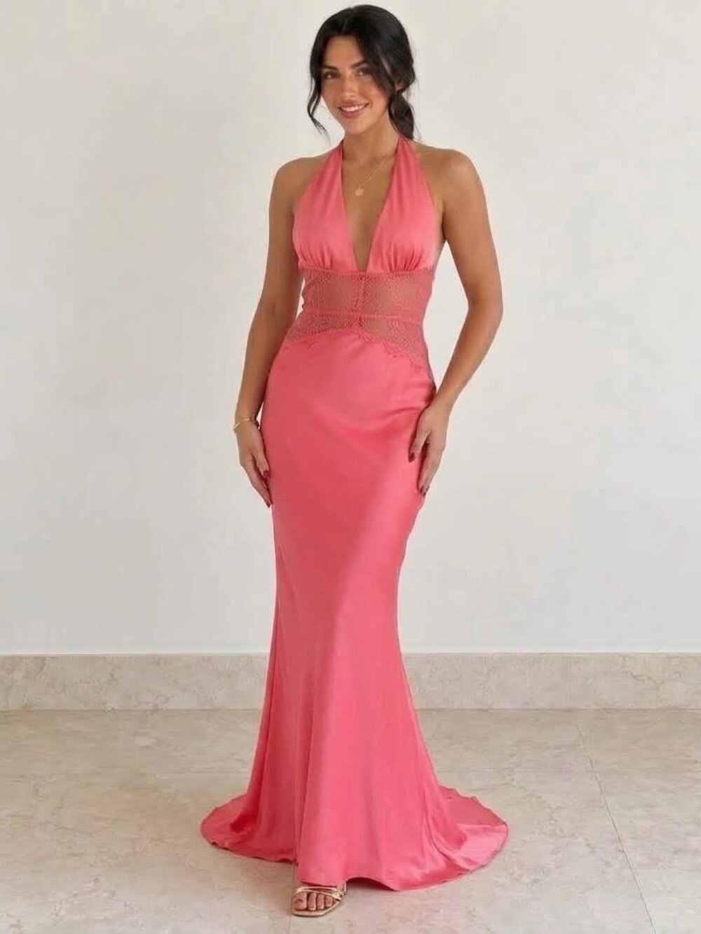 MESHKI Dinah Lace and Satin Maxi Dress Blush Rose Pink Worn Once